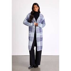 Lulus Cuddle Club Blue Plaid Long Sleeve Coatigan - Size S